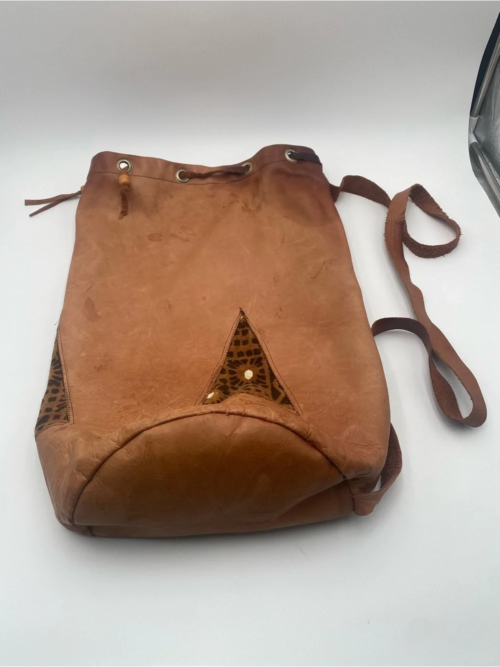 Vintage Style Brown Leather Drawstring Cosmetic Bag
